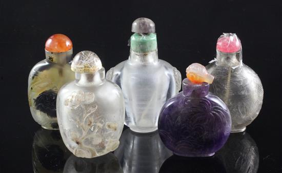 Five Chinese quartz snuff bottles, late 19th / 20th century, 5.3cm - 6.3cm